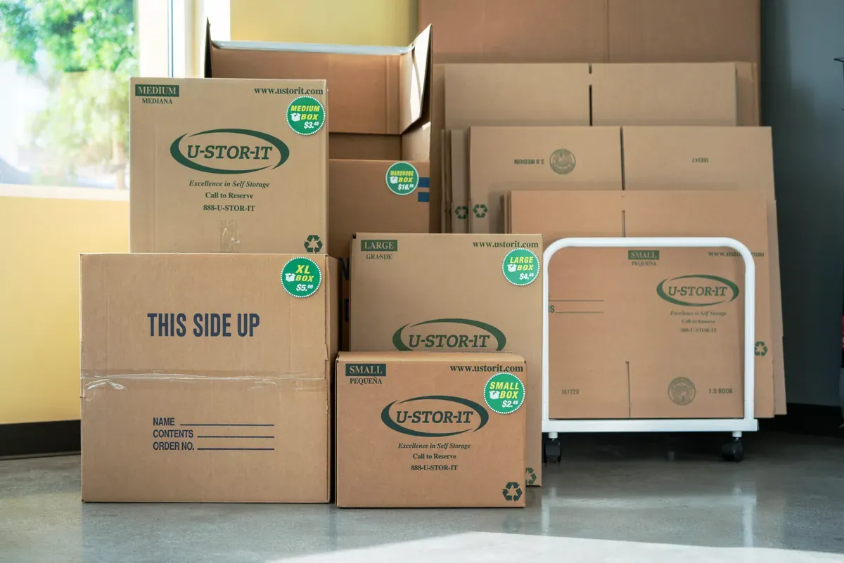 View of storage boxes at U-Stor-It self storage facility.
