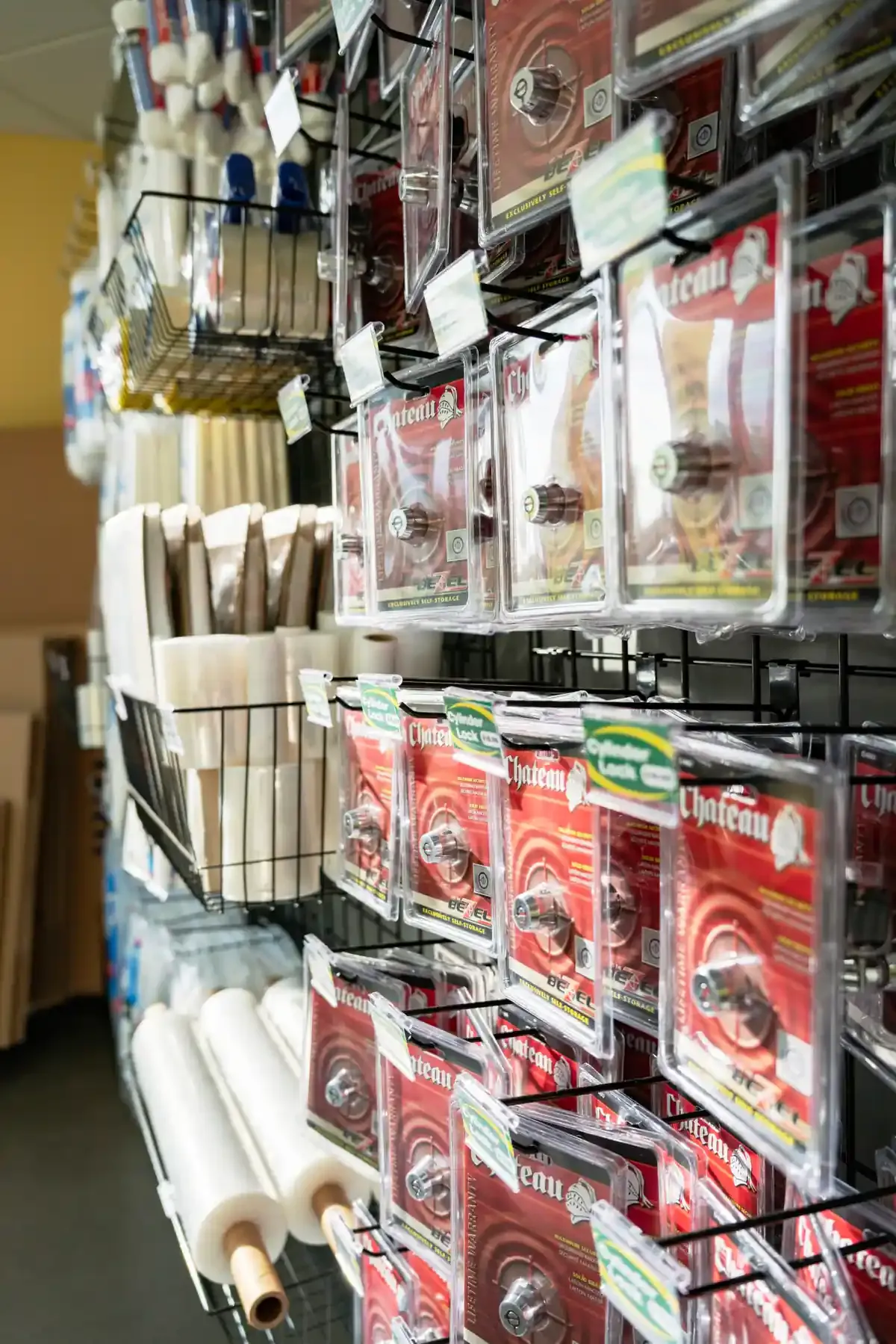 Interior of U-Stor-It facility, view of office and storage supplies.