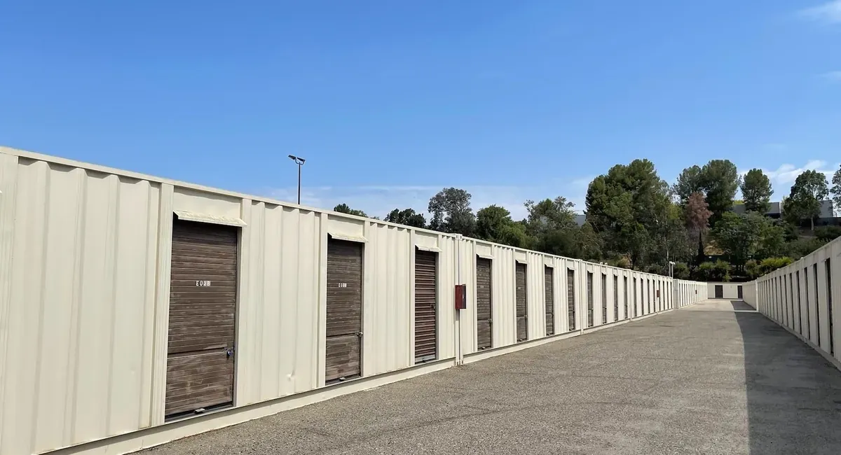 View of outdoor storage units at U-Stor-It self storage facility.