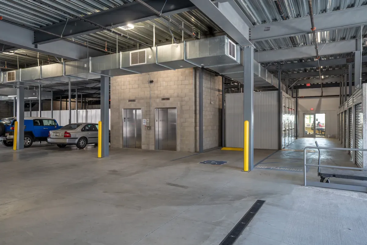 Interior of self storage facility, view of elevator.