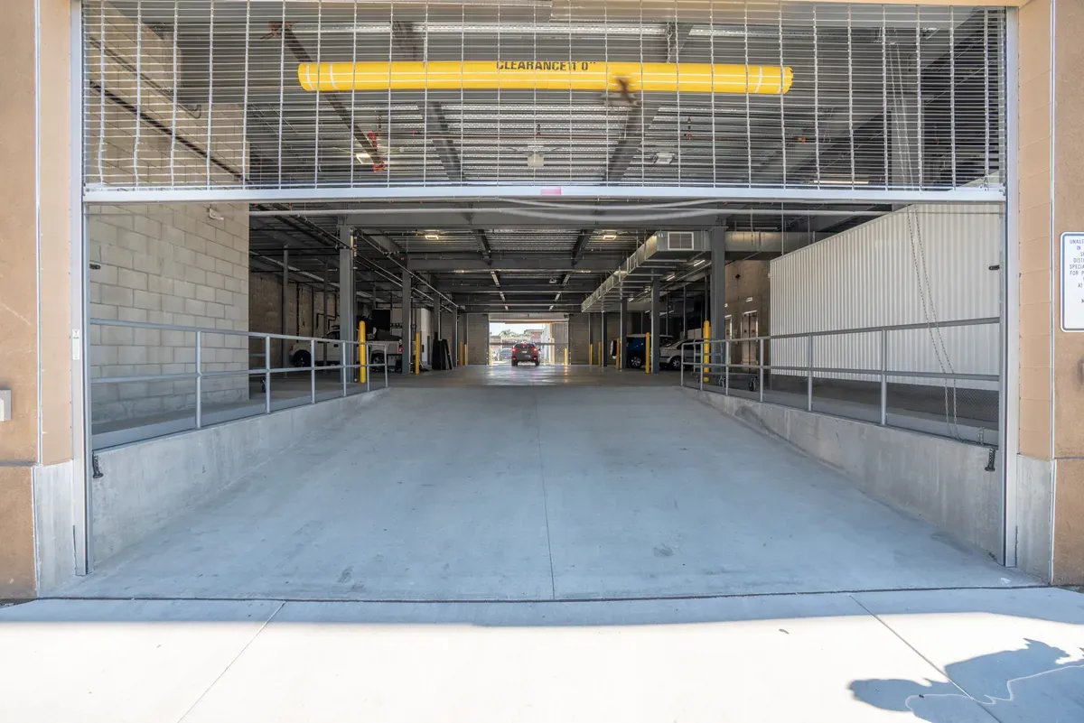 View of drive-up storage area at U-Stor-It self storage facility.