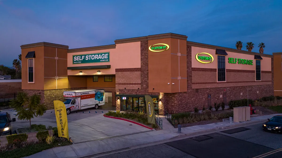 View of exterior of U-Stor-It self storage facility.