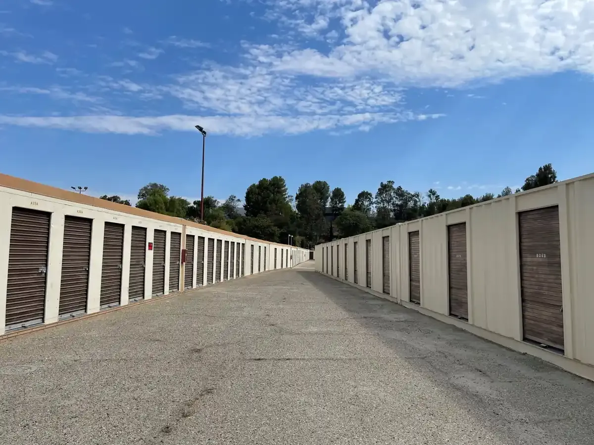 View of outdoor storage units at U-Stor-It self storage facility.